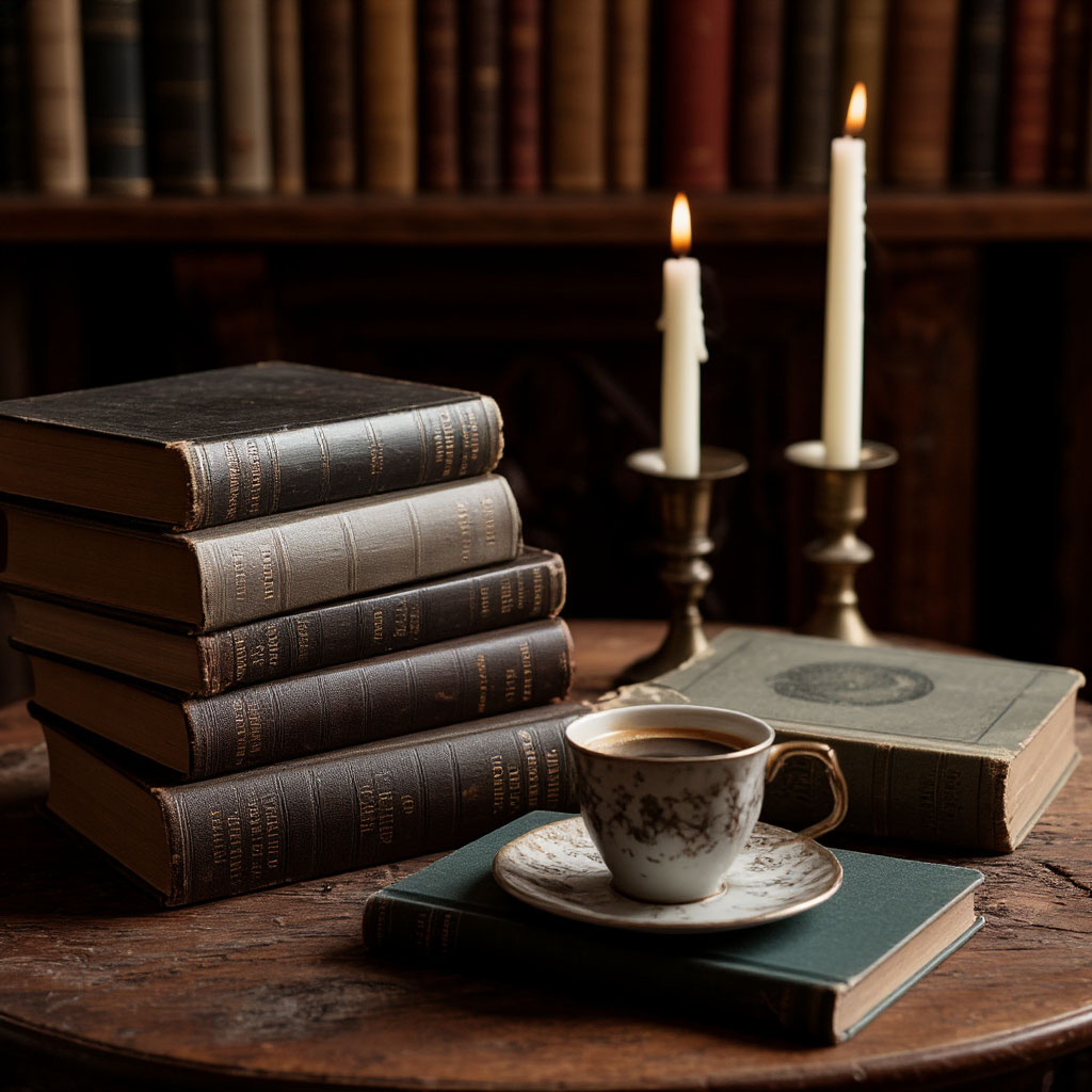 Книги Итана Каннина на столе с чашкой кофе, создающие атмосферу загадочной повседневности